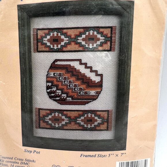 NEW 1989 Needleform Counted Cross Stitch Kit Framed 5x7 Southwest Step Pot #883 - Picture 4 of 7